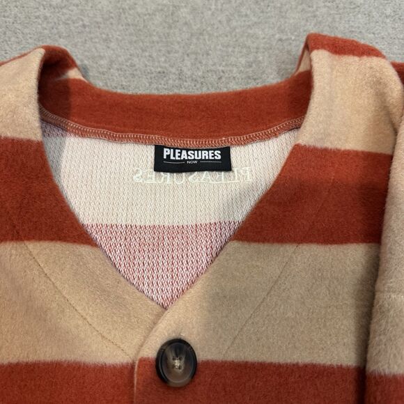 Pleasures Typo Cardigan Orange Striped Pockets Sweater Wool Blend Autumn Men L - Picture 5 of 11